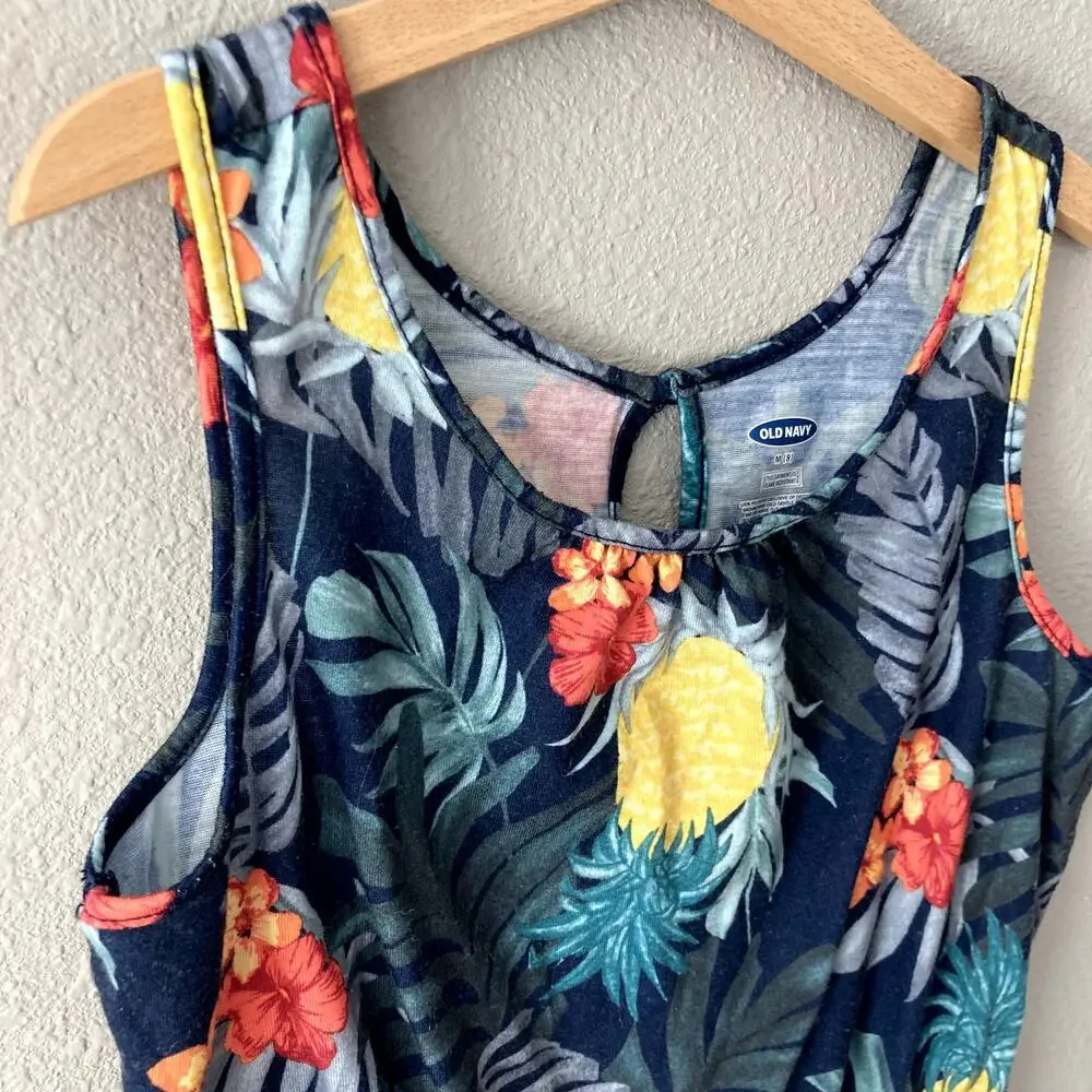 Old Navy Sleeveless Jersey Pajama Romper - Tropical Palm Leaves - Navy Medium 8